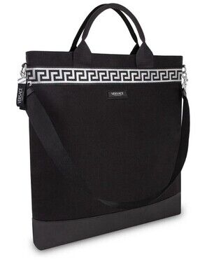 Versace Fragrances Black Canvas Tote Bag Greek Key Trim Adjustable Strap